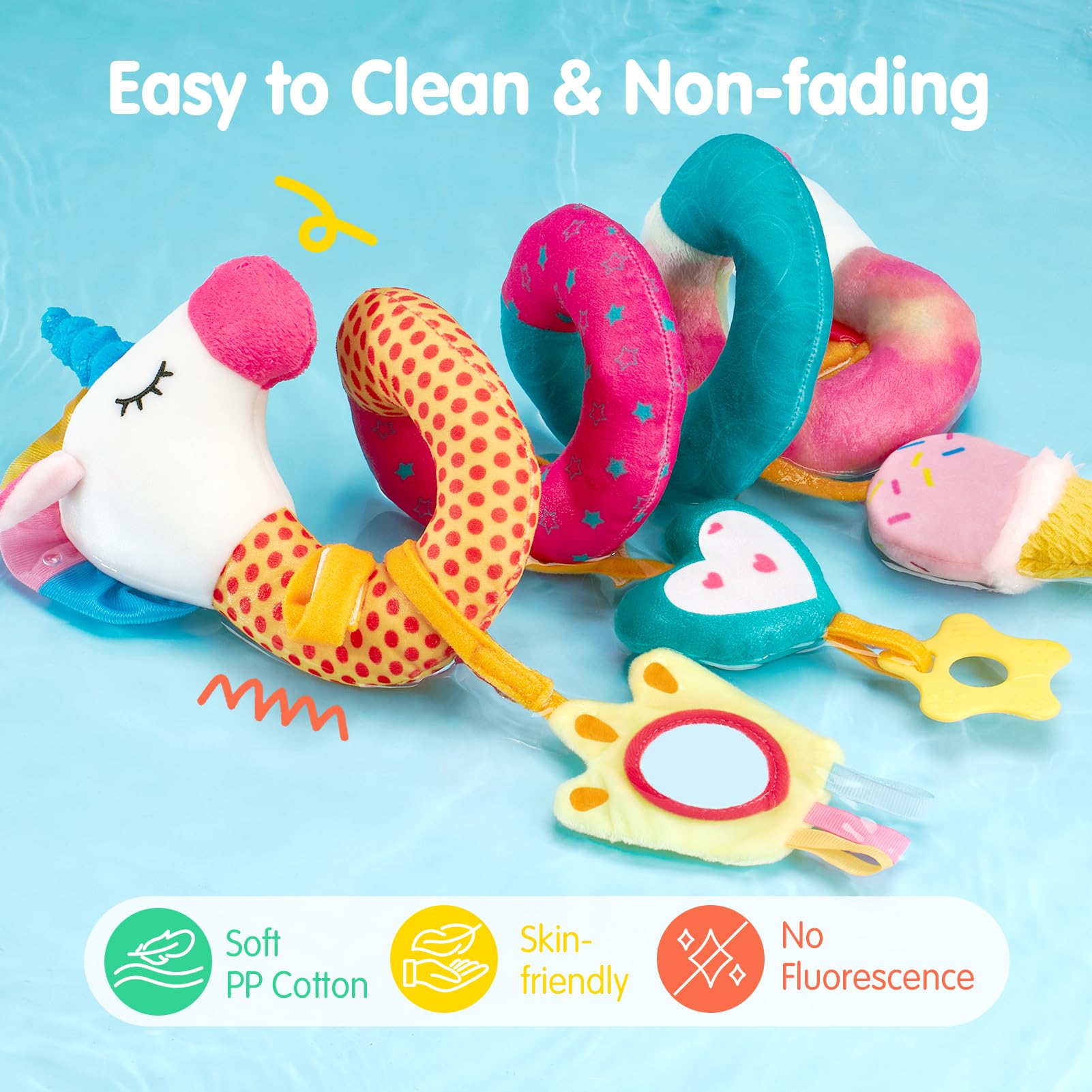 hahaland Baby Car Seat Toys 0-6 Months: 3 Sensory Plush Toys with Mirror, Crinkle, Squeak & Jingle