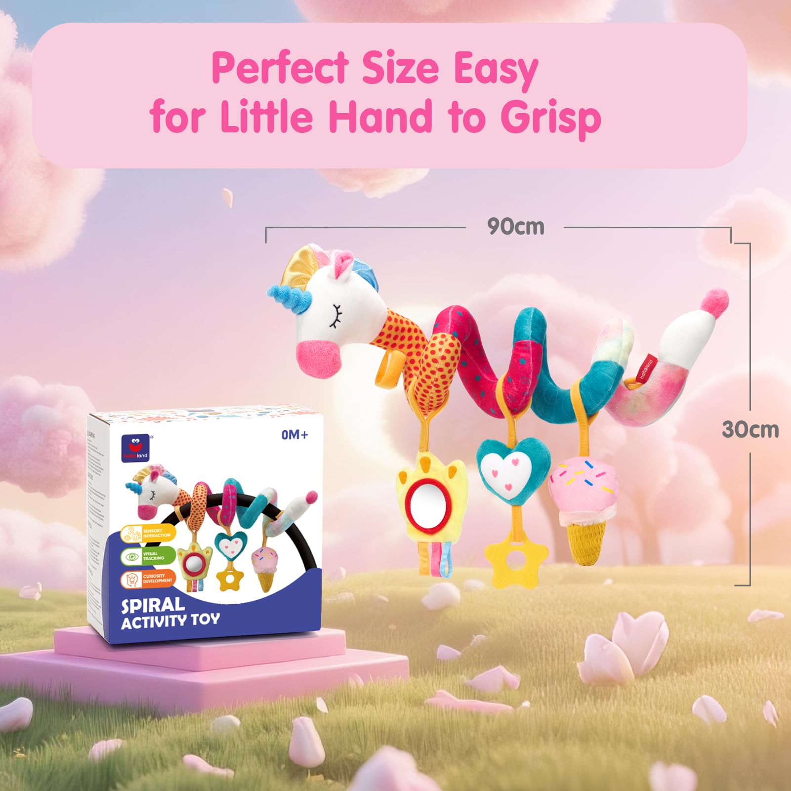 hahaland Baby Car Seat Toys 0-6 Months: 3 Sensory Plush Toys with Mirror, Crinkle, Squeak & Jingle