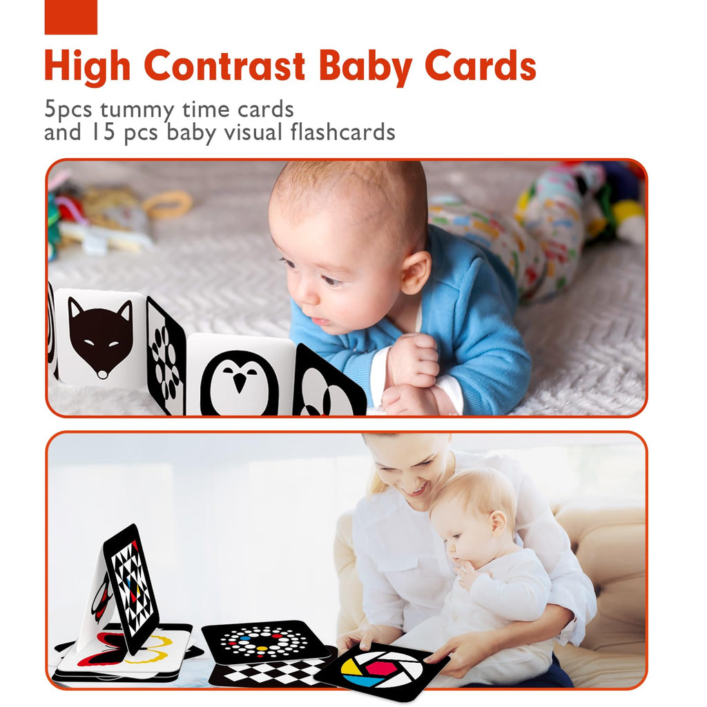 hahaland Contrast Flash Cards for Infant Tummy Time – 20 Black & White Visual Stimulation Cards for Newborns 0-3-6 Months