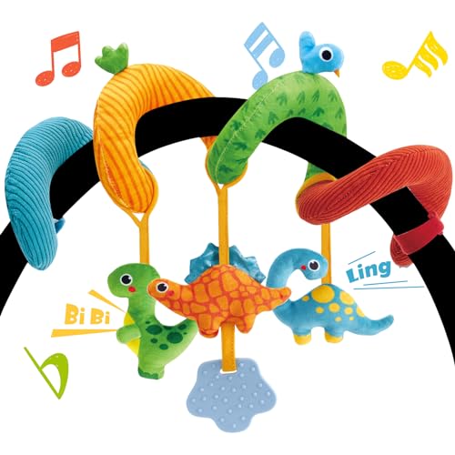 hahaland Dinosaur Car Seat Toys for Baby Boys 0-6 Months - 3 Sensory Plush with Rattle, Squeaker, Teether - Stroller and Crib Travel Toy Set
