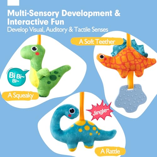 hahaland Dinosaur Car Seat Toys for Baby Boys 0-6 Months - 3 Sensory Plush with Rattle, Squeaker, Teether - Stroller and Crib Travel Toy Set