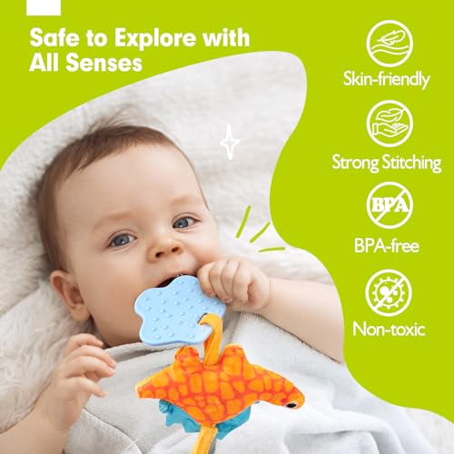 hahaland Dinosaur Car Seat Toys for Baby Boys 0-6 Months - 3 Sensory Plush with Rattle, Squeaker, Teether - Stroller and Crib Travel Toy Set