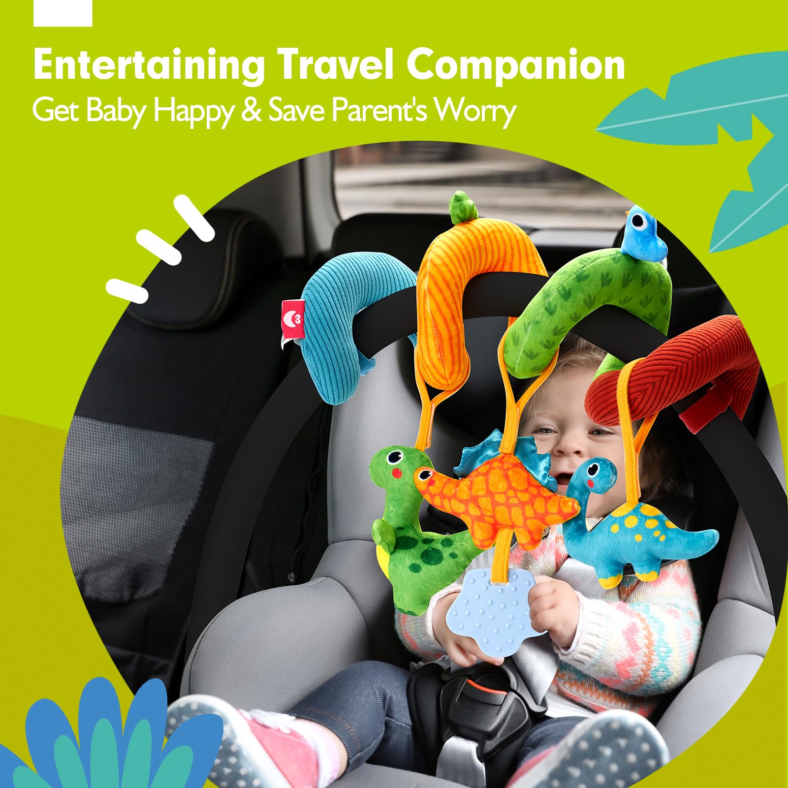 hahaland Dinosaur Car Seat Toys for Baby Boys 0-6 Months - 3 Sensory Plush with Rattle, Squeaker, Teether - Stroller and Crib Travel Toy Set