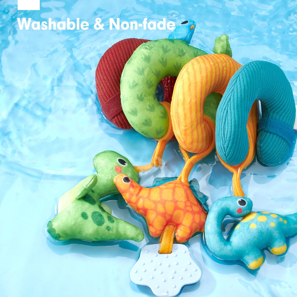 hahaland Dinosaur Car Seat Toys for Baby Boys 0-6 Months - 3 Sensory Plush with Rattle, Squeaker, Teether - Stroller and Crib Travel Toy Set