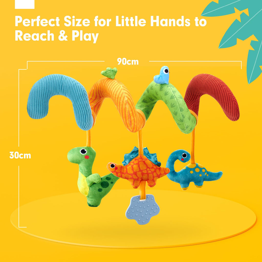 hahaland Dinosaur Car Seat Toys for Baby Boys 0-6 Months - 3 Sensory Plush with Rattle, Squeaker, Teether - Stroller and Crib Travel Toy Set