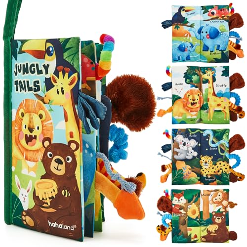 hahaland Jungly Tails Baby Sensory Book 0-12 Months - Soft Cloth Tummy Time Toy with 3D Textured Tails & Sounds