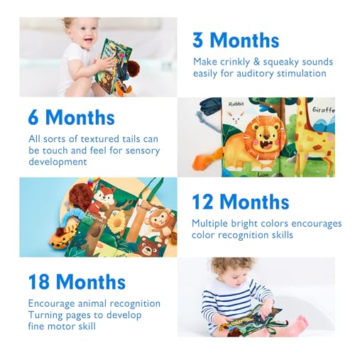 hahaland Jungly Tails Baby Sensory Book 0-12 Months - Soft Cloth Tummy Time Toy with 3D Textured Tails & Sounds