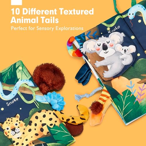 hahaland Jungly Tails Baby Sensory Book 0-12 Months - Soft Cloth Tummy Time Toy with 3D Textured Tails & Sounds