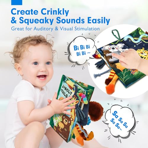 hahaland Jungly Tails Baby Sensory Book 0-12 Months - Soft Cloth Tummy Time Toy with 3D Textured Tails & Sounds