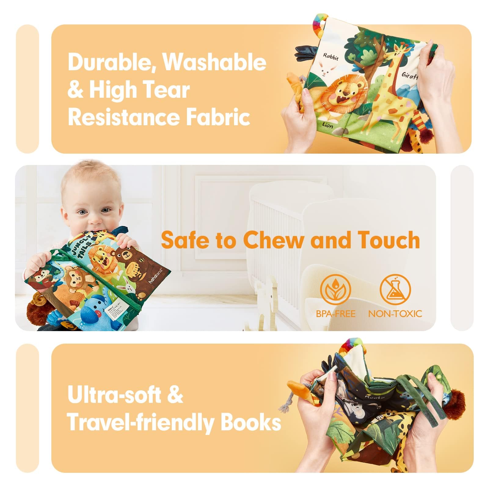 hahaland Jungly Tails Baby Sensory Book 0-12 Months - Soft Cloth Tummy Time Toy with 3D Textured Tails & Sounds