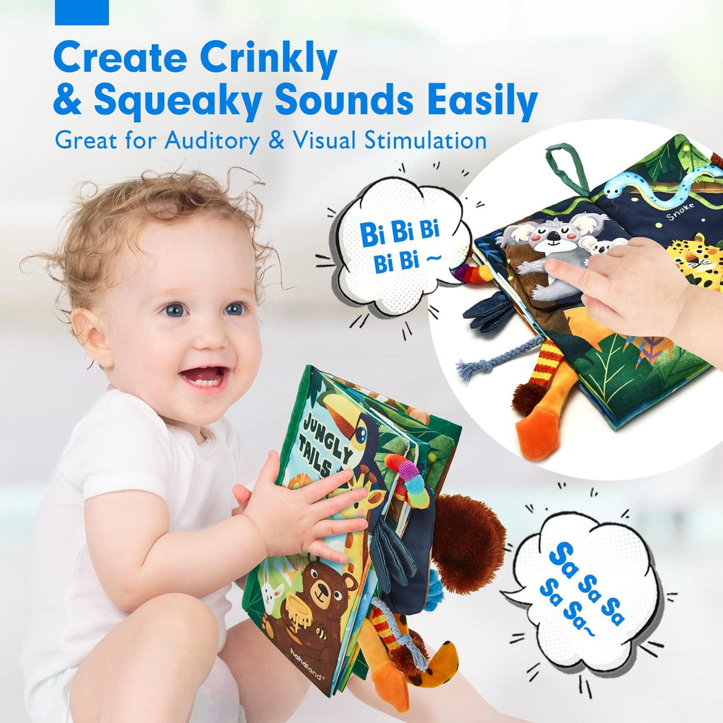 hahaland Jungly Tails Baby Sensory Book 0-12 Months - Soft Cloth Tummy Time Toy with 3D Textured Tails & Sounds