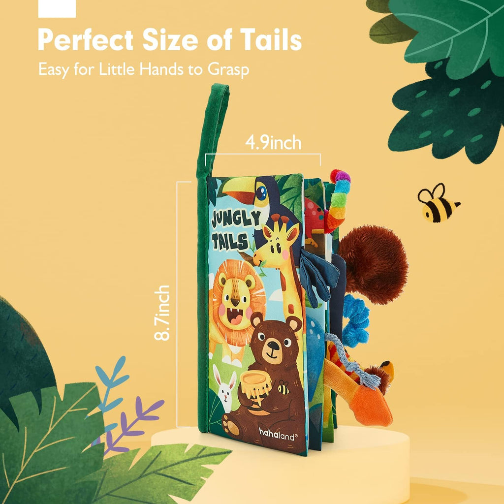 hahaland Jungly Tails Baby Sensory Book 0-12 Months - Soft Cloth Tummy Time Toy with 3D Textured Tails & Sounds