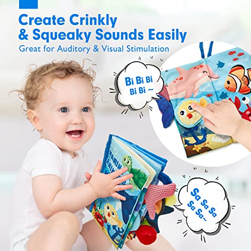 hahaland Marine Tails Baby Book – Soft Cloth Sensory Book with 3D Tails, Crinkle Sounds, and Hanging Strap for Infants 0-12 Months