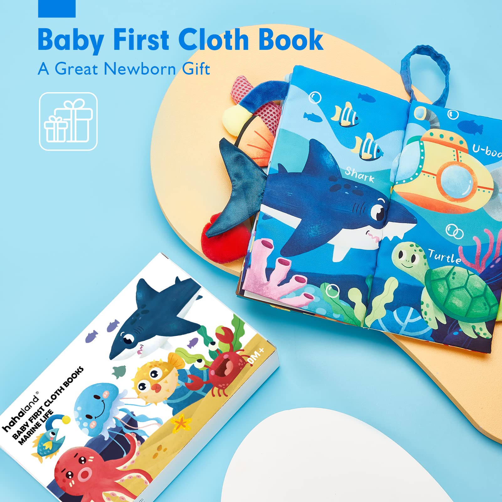 hahaland Marine Tails Baby Book – Soft Cloth Sensory Book with 3D Tails, Crinkle Sounds, and Hanging Strap for Infants 0-12 Months