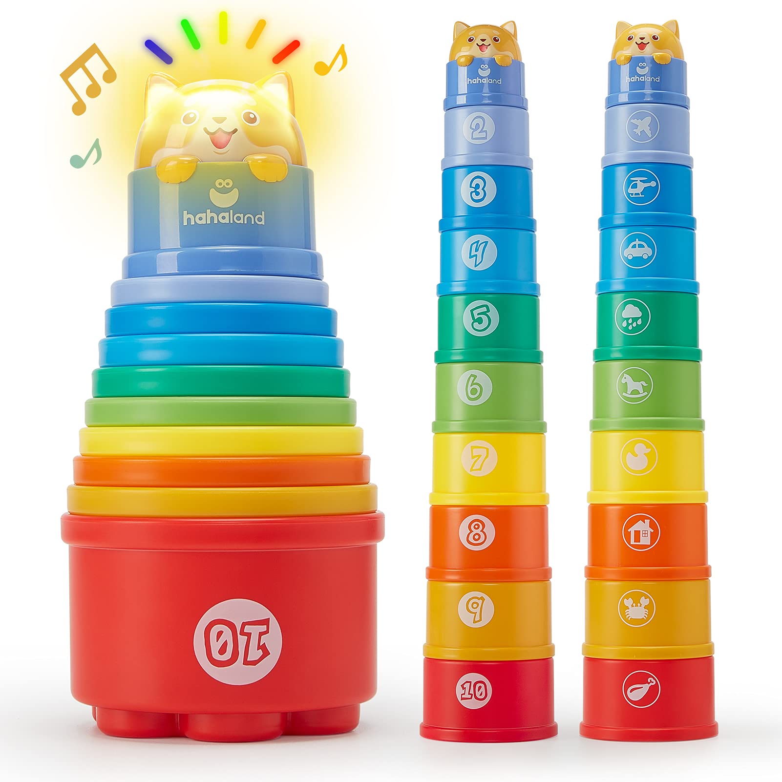 hahaland Stacking Cups for Toddlers 1-3 - 10 Piece Light & Sound Montessori Toy