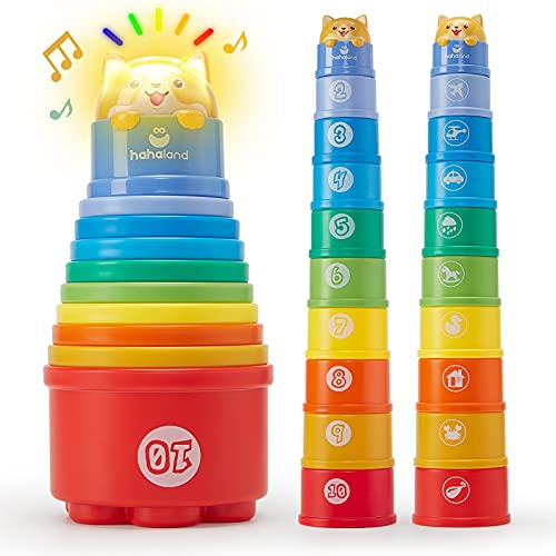 hahaland Stacking Cups for Toddlers 1-3 - 10 Piece Light & Sound Montessori Toy