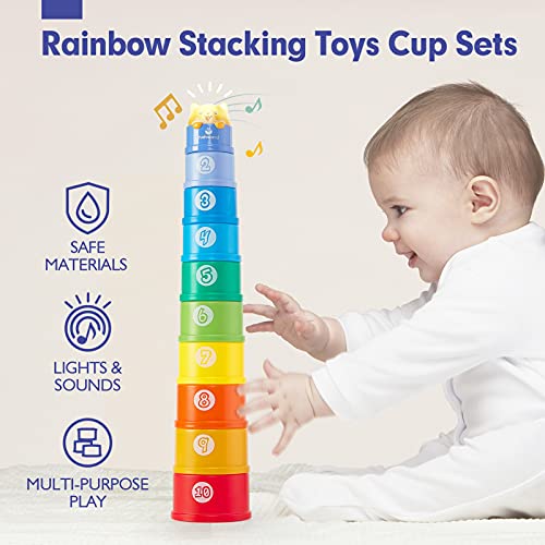 hahaland Stacking Cups for Toddlers 1-3 - 10 Piece Light & Sound Montessori Toy