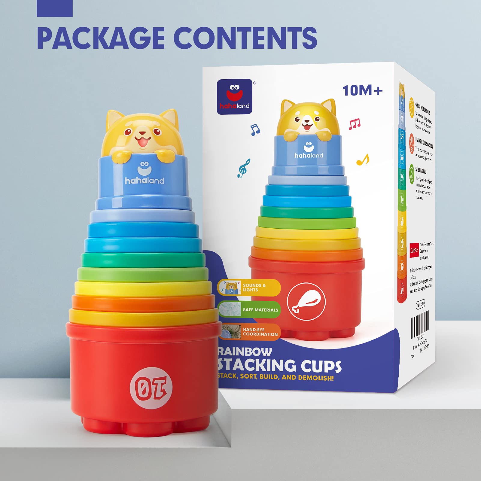 hahaland Stacking Cups for Toddlers 1-3 - 10 Piece Light & Sound Montessori Toy