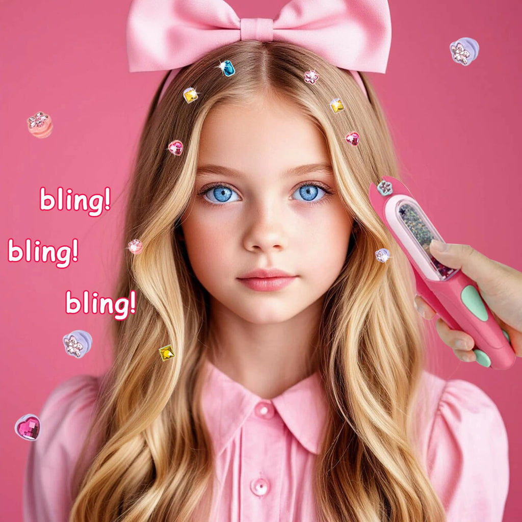 Hair Gem Stamper Kit with 100 Mini Hair Elastics – Bling Hair Jewels for Girls 3-12