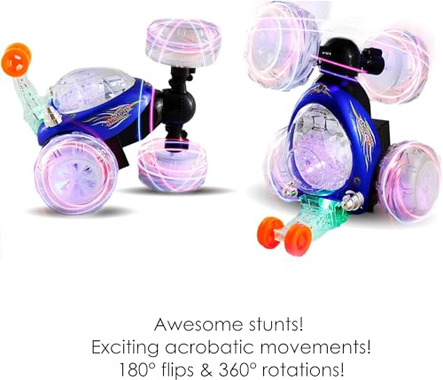 Haktoys RC Tornado Stunt Car – 360° Flip, Lights & Music, Rechargeable for Toddlers (Blue)
