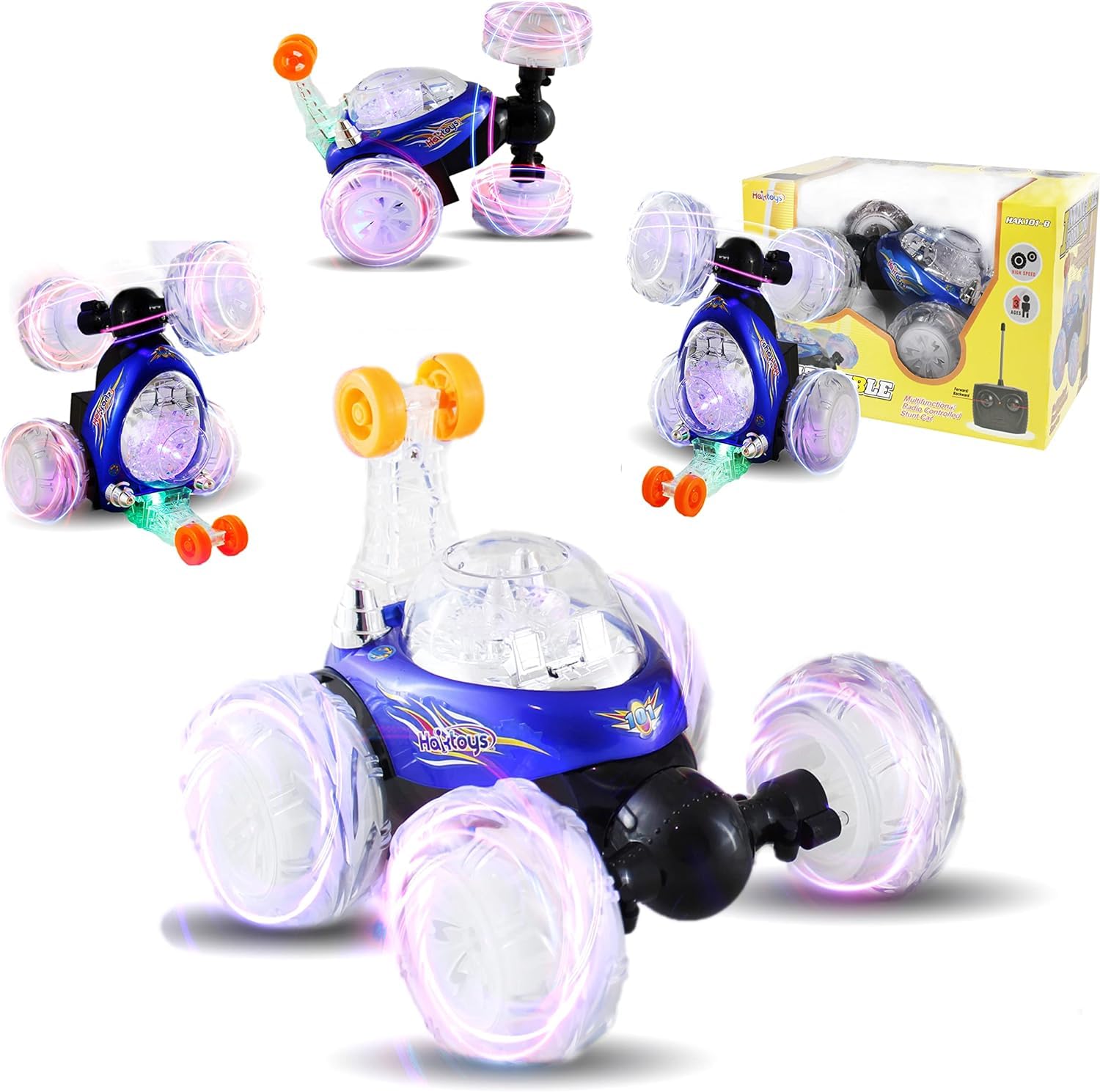 Haktoys RC Tornado Stunt Car – 360° Flip, Lights & Music, Rechargeable for Toddlers (Blue)