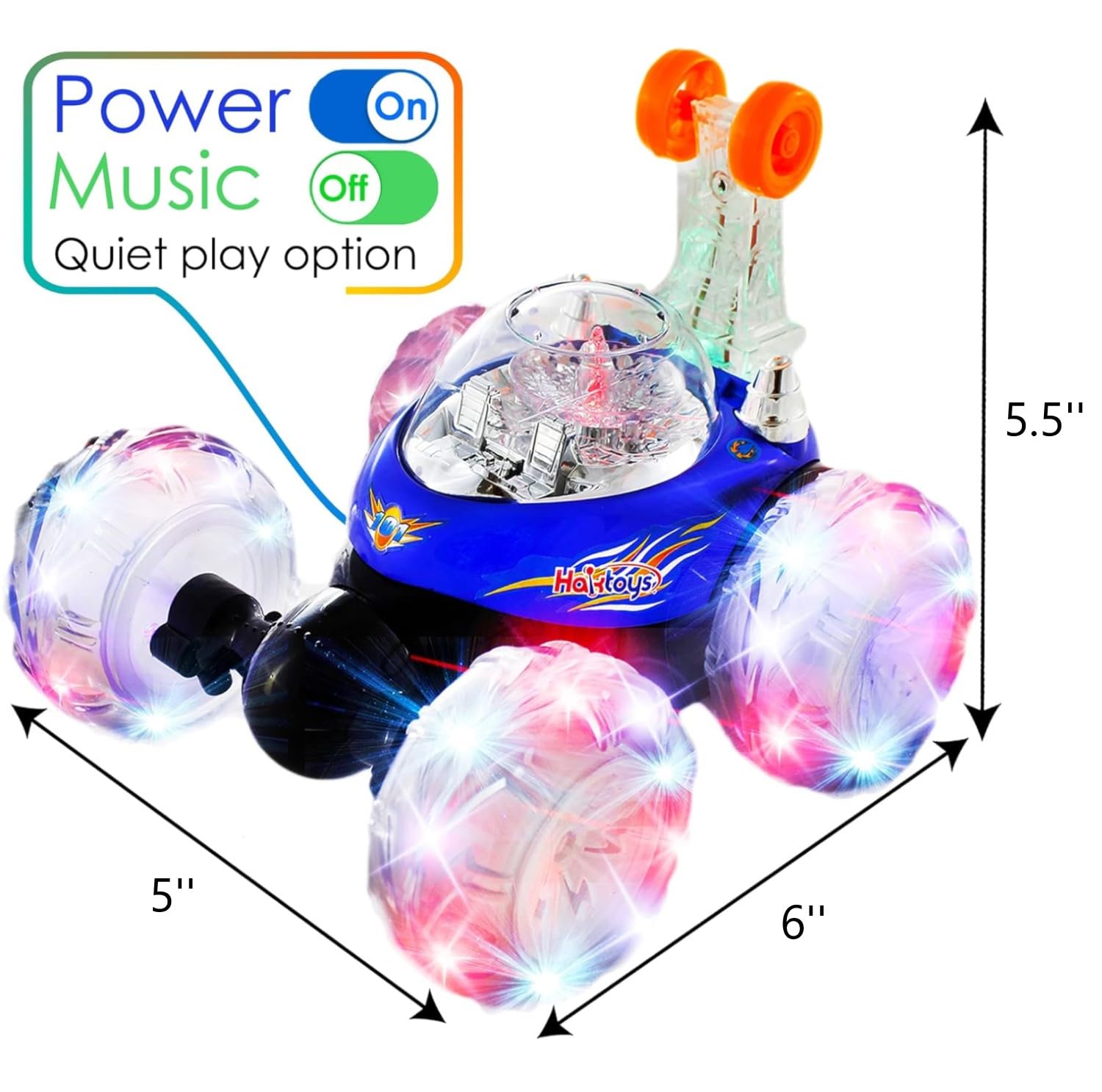 Haktoys RC Tornado Stunt Car – 360° Flip, Lights & Music, Rechargeable for Toddlers (Blue)