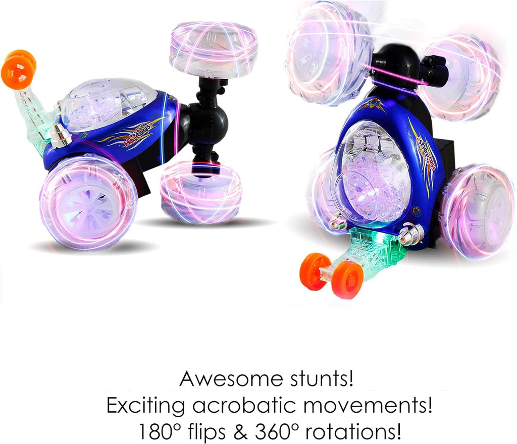 Haktoys RC Tornado Stunt Car – 360° Flip, Lights & Music, Rechargeable for Toddlers (Blue)