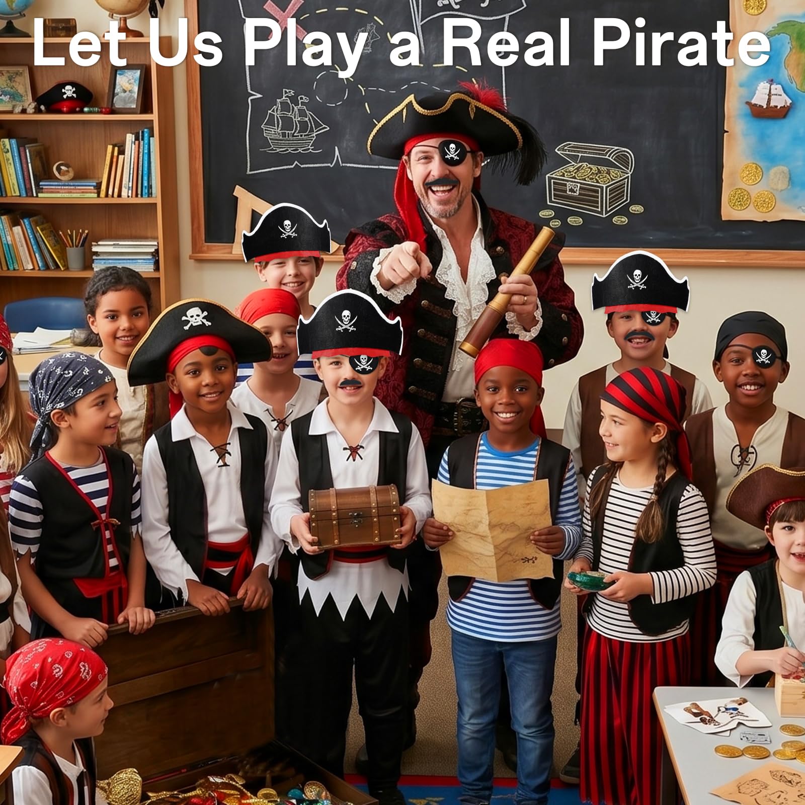 Halatool 36-Piece Pirate Accessories Set – Felt Hats, Eye Patches & Mustaches for 12 People