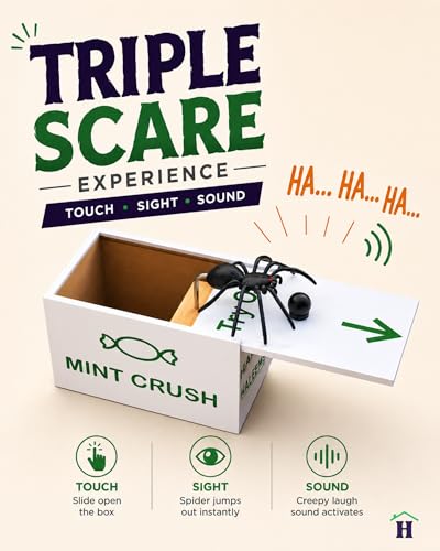 HALEEMS Spider Prank Box with Built-in Spooky Laugh – Solid Wood Candy Box Disguise, Fits Gift Cards & Money, Funny Gag Toy for Kids & Adults