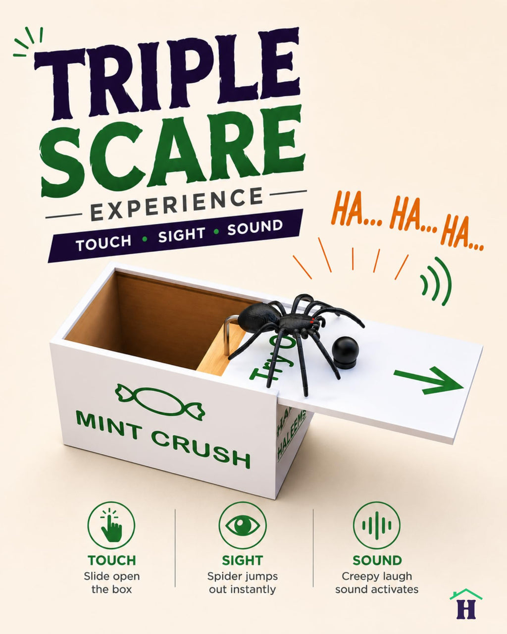 HALEEMS Spider Prank Box with Built-in Spooky Laugh – Solid Wood Candy Box Disguise, Fits Gift Cards & Money, Funny Gag Toy for Kids & Adults
