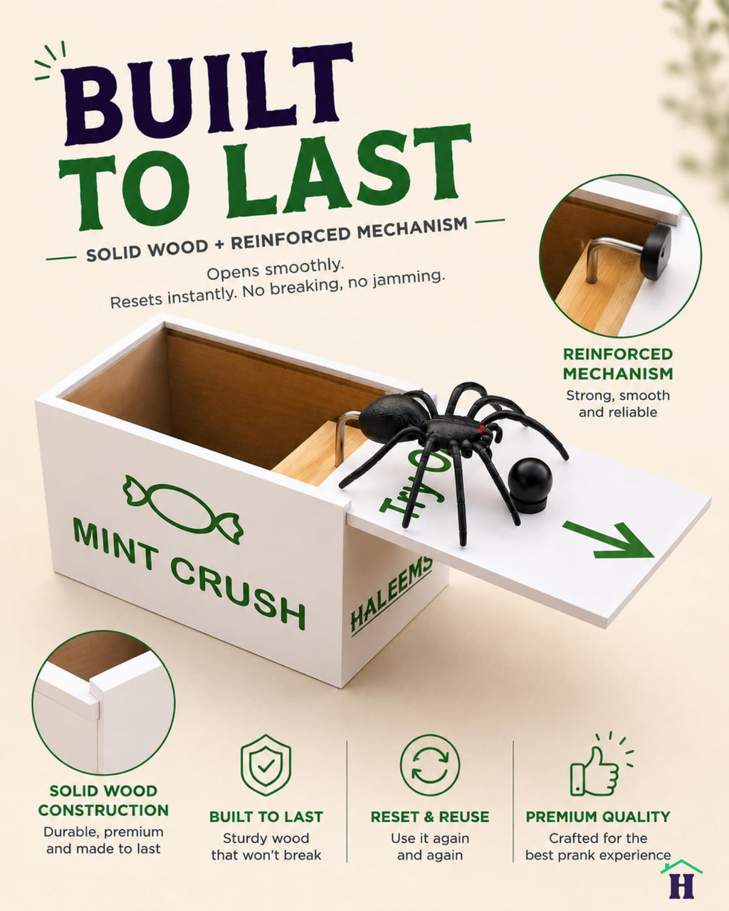 HALEEMS Spider Prank Box with Built-in Spooky Laugh – Solid Wood Candy Box Disguise, Fits Gift Cards & Money, Funny Gag Toy for Kids & Adults