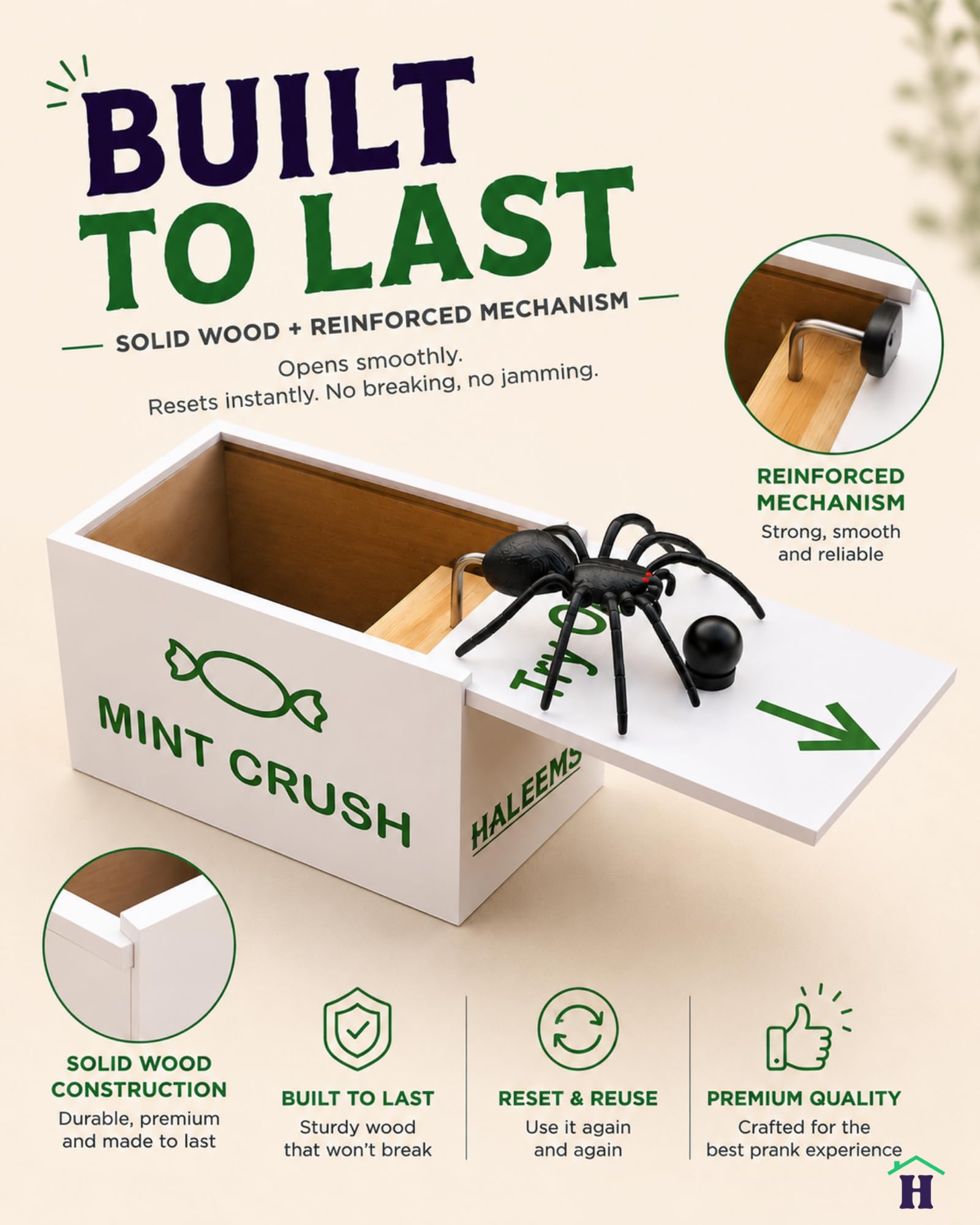 HALEEMS Spider Prank Box with Built-in Spooky Laugh – Solid Wood Candy Box Disguise, Fits Gift Cards & Money, Funny Gag Toy for Kids & Adults