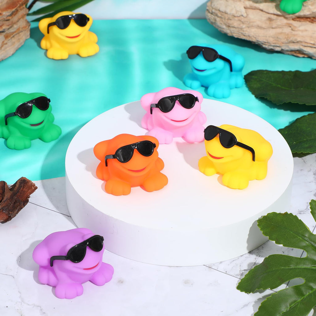 Halloscume 24 Pack Mini Rubber Frogs with Sunglasses – Squeaky Floating Bath Toys for Parties and Prizes