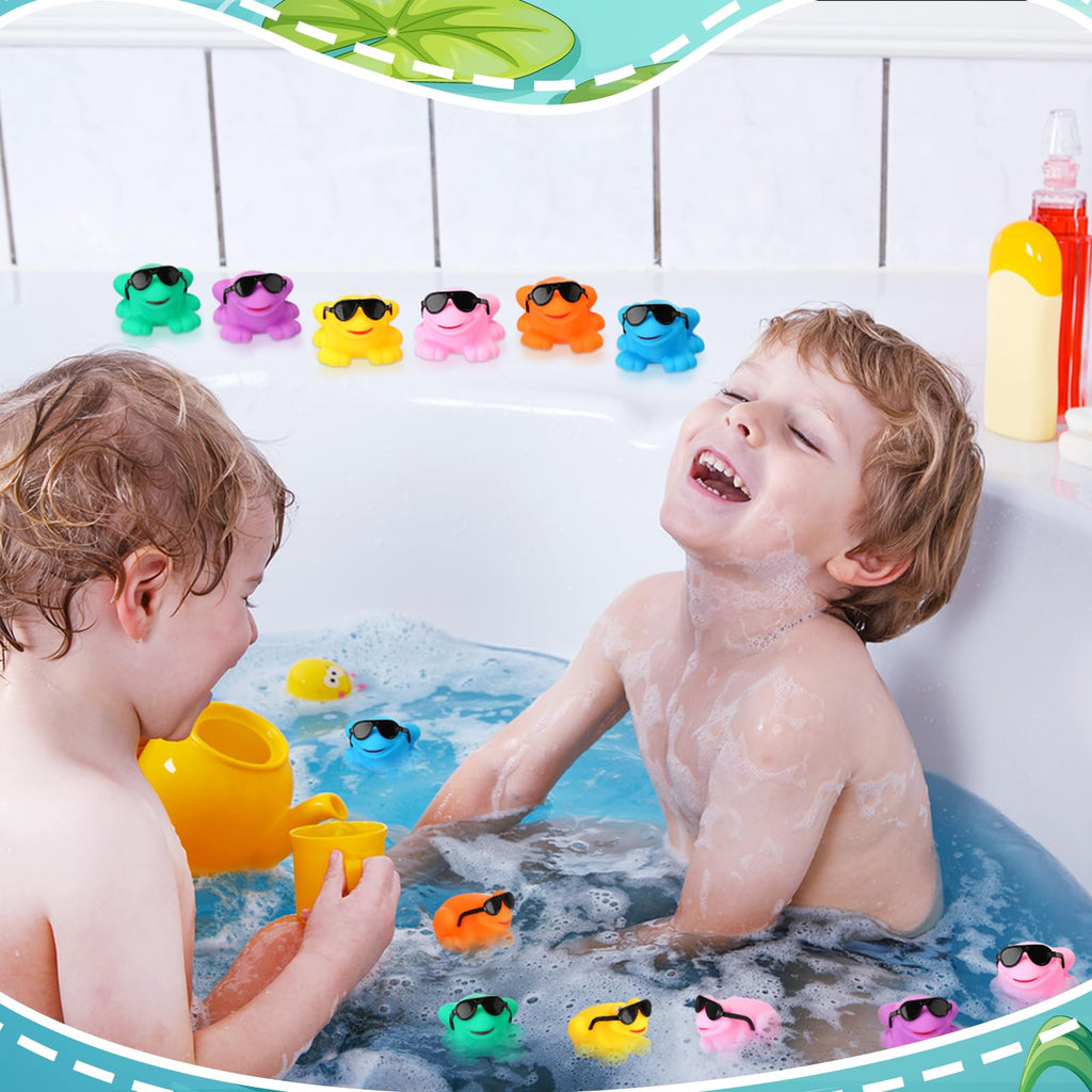 Halloscume 24 Pack Mini Rubber Frogs with Sunglasses – Squeaky Floating Bath Toys for Parties and Prizes