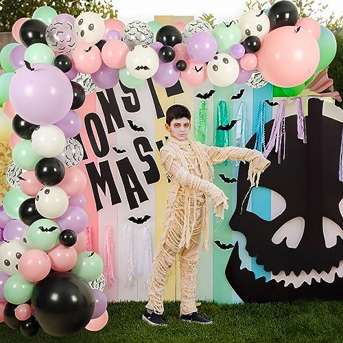 Halloween Balloon Arch Kit 122 Pieces Black Purple Pink with Bat Stickers for Baby Shower Birthday