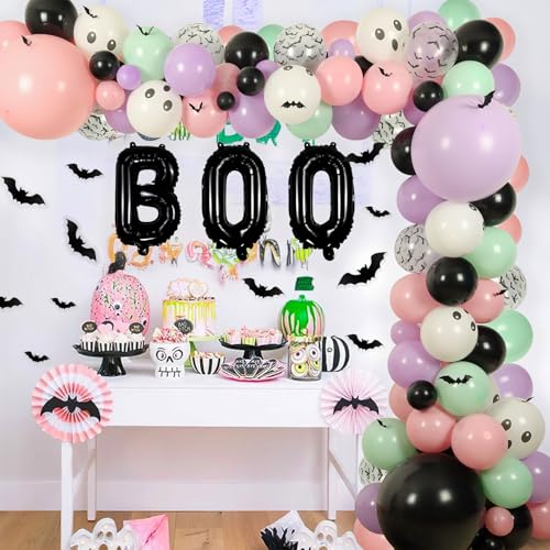 Halloween Balloon Arch Kit 122 Pieces Black Purple Pink with Bat Stickers for Baby Shower Birthday