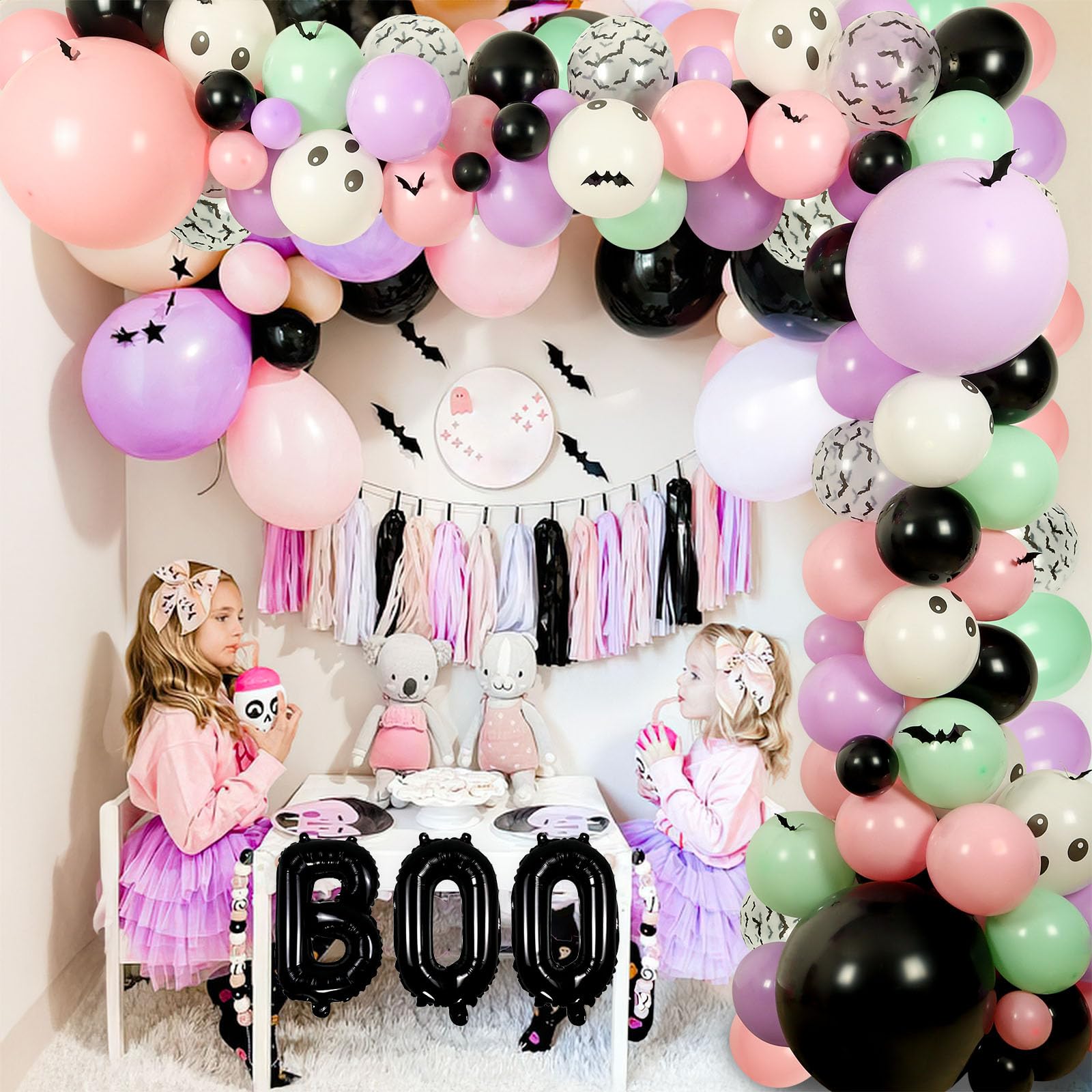 Halloween Balloon Arch Kit 122 Pieces Black Purple Pink with Bat Stickers for Baby Shower Birthday