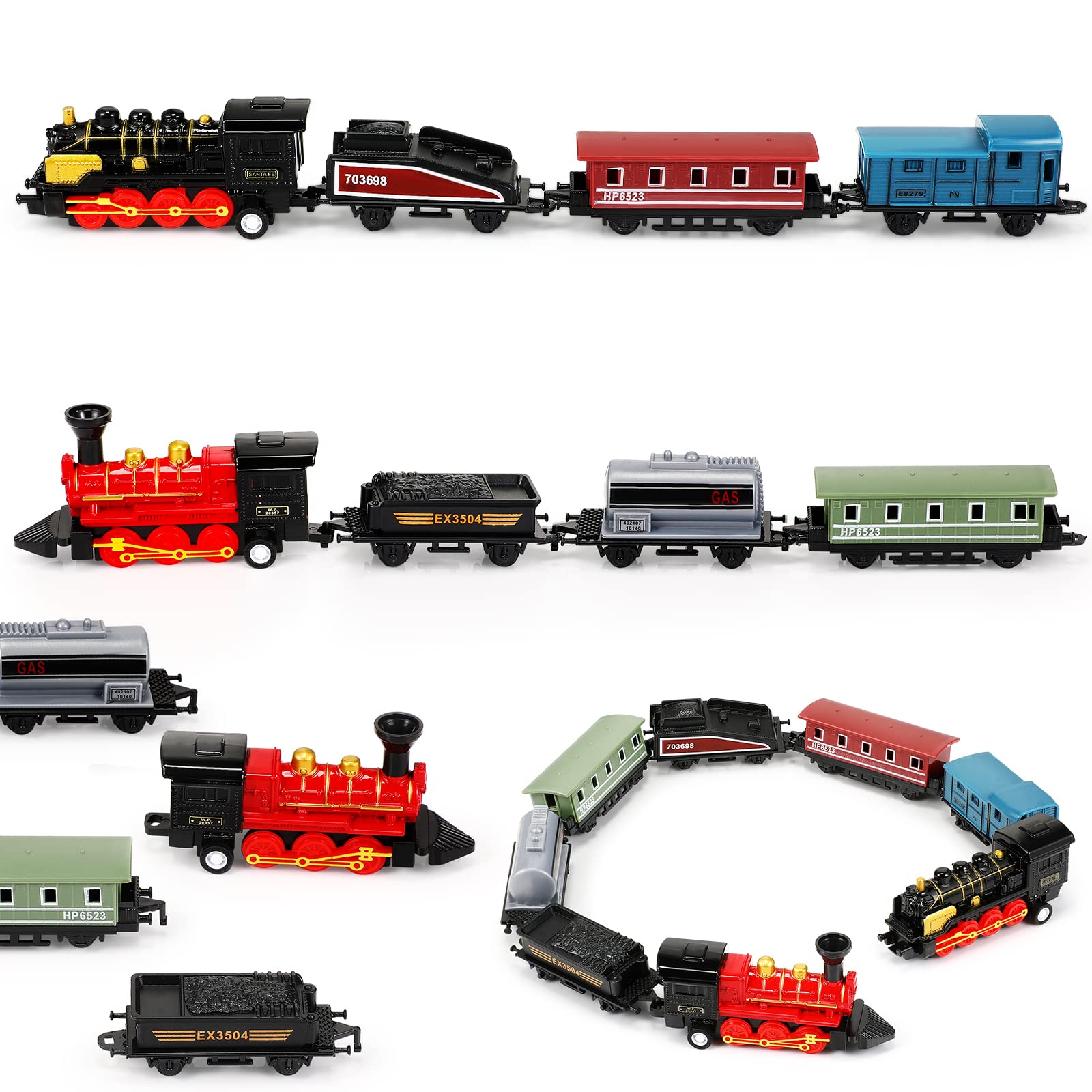 Hanaive 2 Sets Pull Back Train Toys – Alloy Locomotive with 3 Cars, Black & Red, for Kids Ages 3+