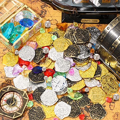 Hanaive 319-Piece Pirate Treasure Set – Fake Gold Coins, Plastic Gems, and Pearls for Party Decor & Games