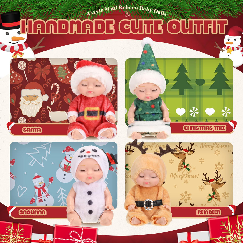Hanaive 4-Piece Mini Baby Dolls Set – 4 Inch Poseable Christmas Dolls with Santa, Snowman, Tree & Elk Outfits