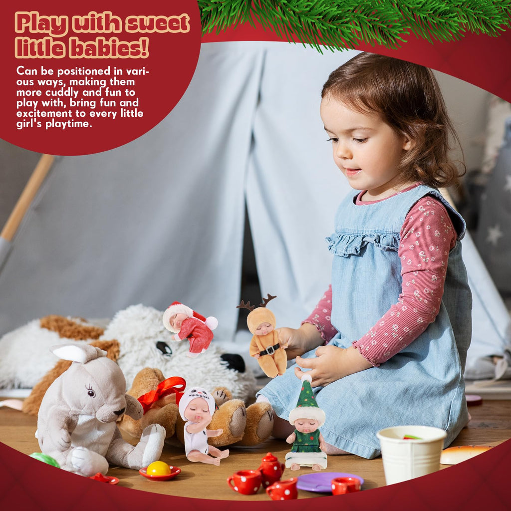 Hanaive 4-Piece Mini Baby Dolls Set – 4 Inch Poseable Christmas Dolls with Santa, Snowman, Tree & Elk Outfits