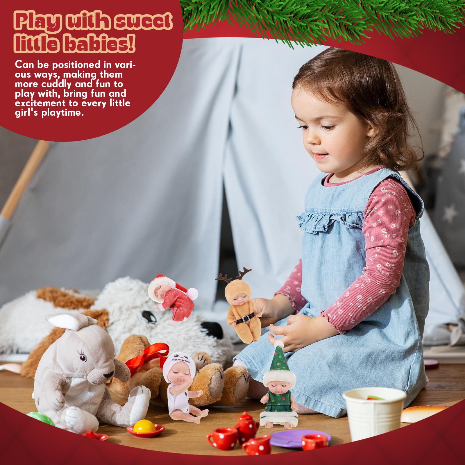 Hanaive 4-Piece Mini Baby Dolls Set – 4 Inch Poseable Christmas Dolls with Santa, Snowman, Tree & Elk Outfits