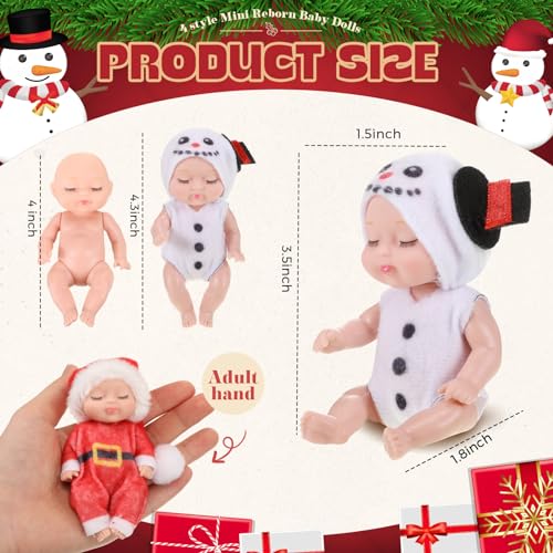 Hanaive 4-Piece Mini Baby Dolls Set – 4 Inch Poseable Christmas Dolls with Santa, Snowman, Tree & Elk Outfits