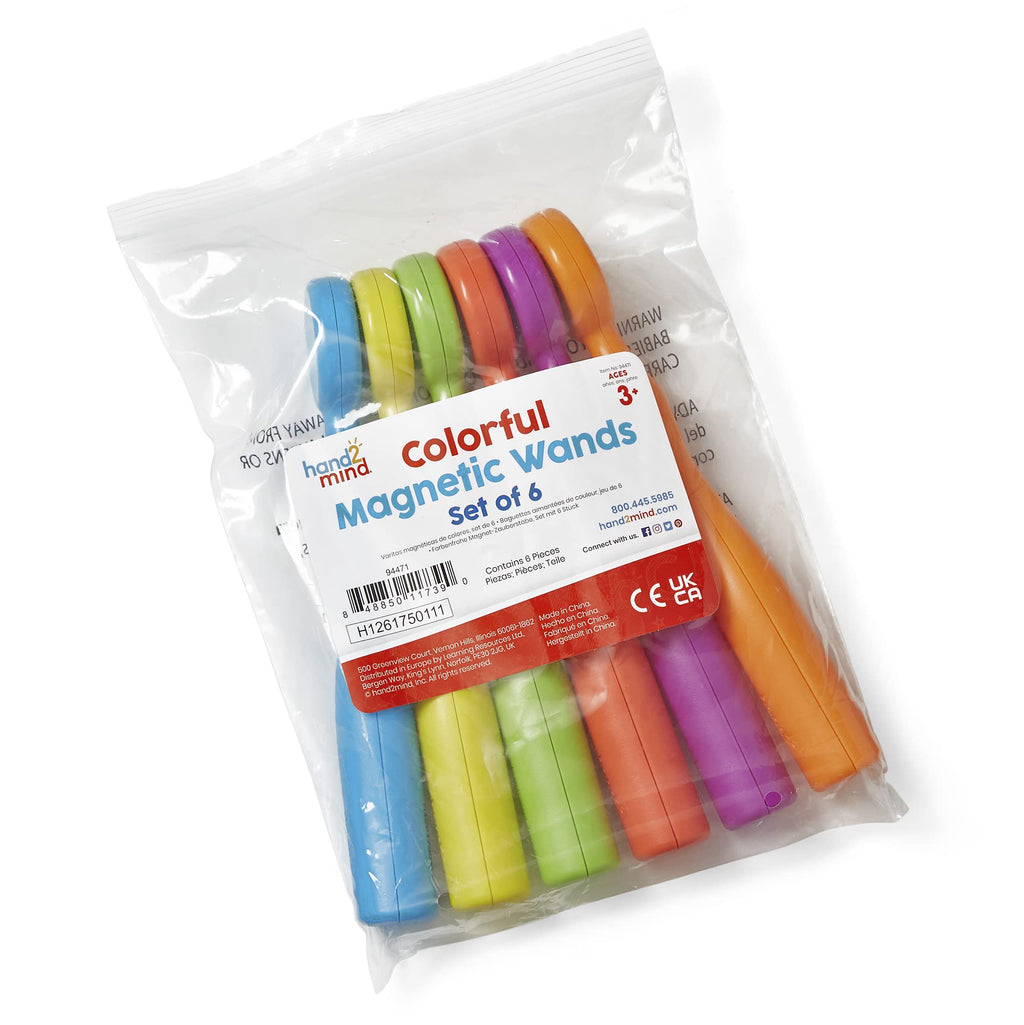 hand2mind Magnetic Wands for Kids - Set of 6 Rainbow Magnet Wands for Early Literacy and Science Exploration