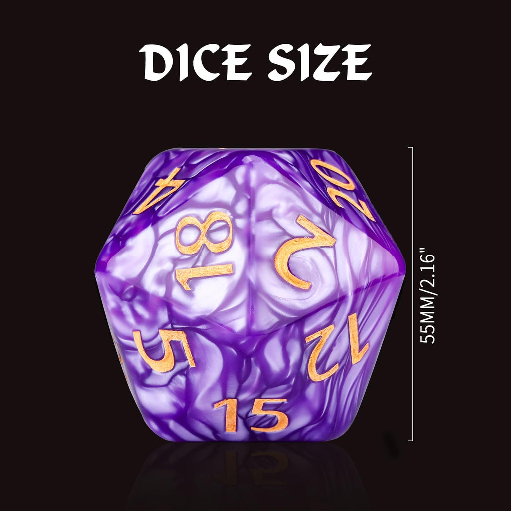 Handan 55mm Giant D20 Dice – Purple Pearl Polyhedral Die for D&D and RPGs