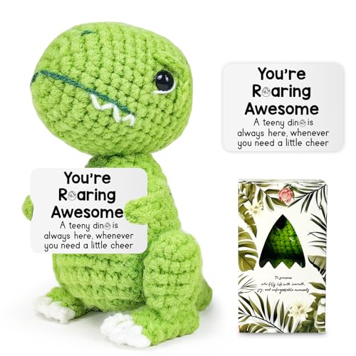 Handmade Crochet Dinosaur with Positive Card – Funny Emotional Support Gift for Stress Relief