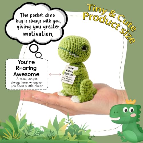 Handmade Crochet Dinosaur with Positive Card – Funny Emotional Support Gift for Stress Relief