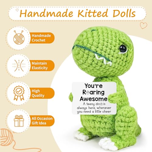 Handmade Crochet Dinosaur with Positive Card – Funny Emotional Support Gift for Stress Relief