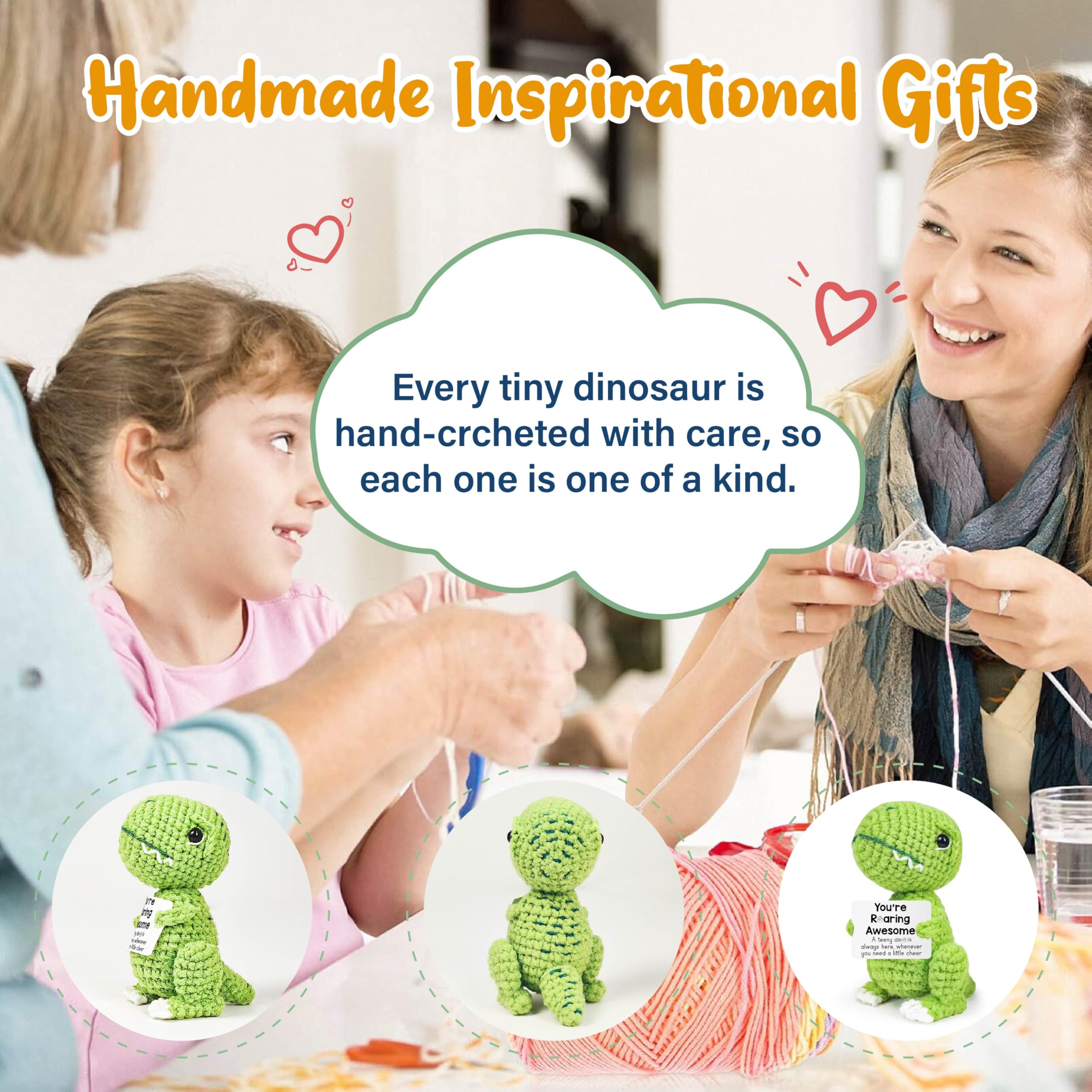 Handmade Crochet Dinosaur with Positive Card – Funny Emotional Support Gift for Stress Relief