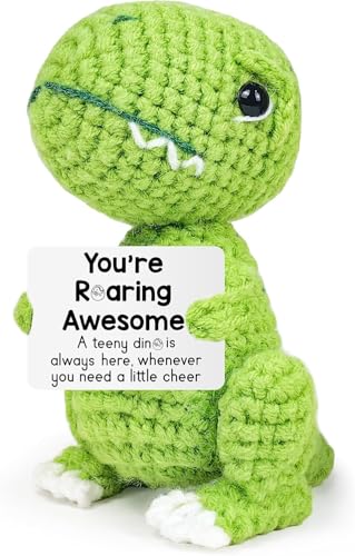 Handmade Crochet Dinosaur with Positive Card – Funny Emotional Support Gift for Stress Relief
